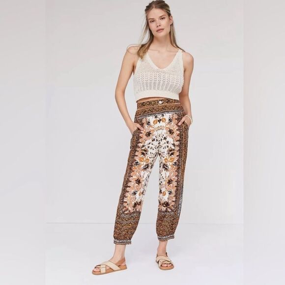 Anthropologie Bohemian Linen Blend Tan and Brown Floral Print Pants Size 26W - Picture 5 of 12